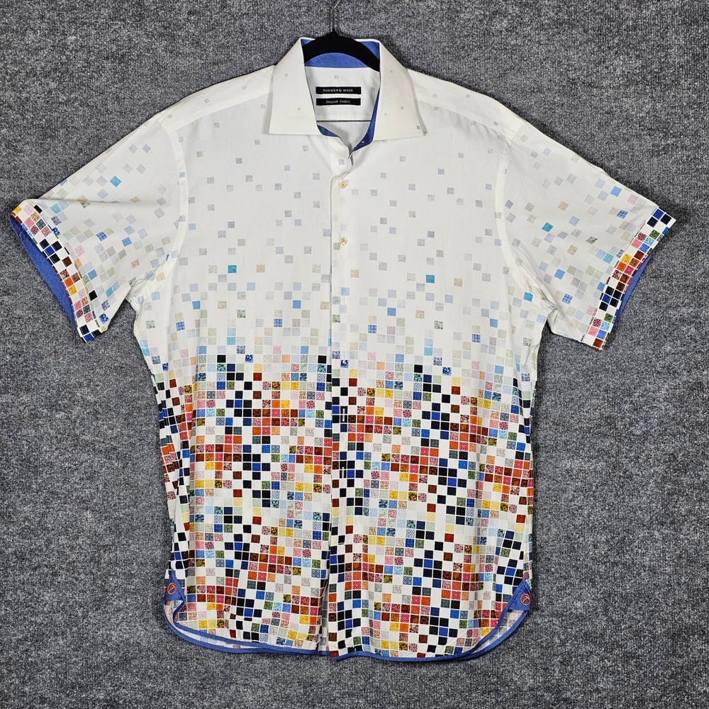 Hammer Made Mens XL White Italian Fabric Pixel Mosaic Short Sleeve Button Shirt
